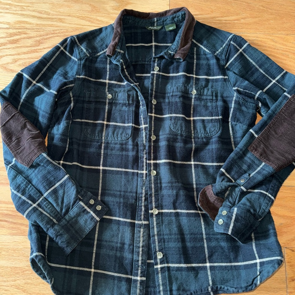 Vintage Eddie Bauer plaid button down with corduroy collar elbows and cuffs M